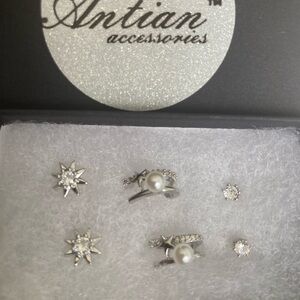 Antian Accessories™ 3 Pair Earring Set Pearl Hoops Star Zircon Studs CZ